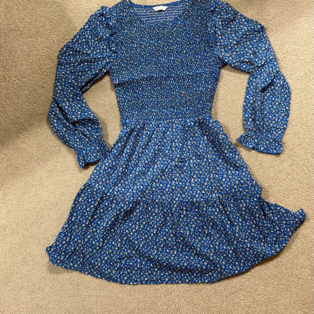 Blue Floral Midi Dress. Smocked chest.